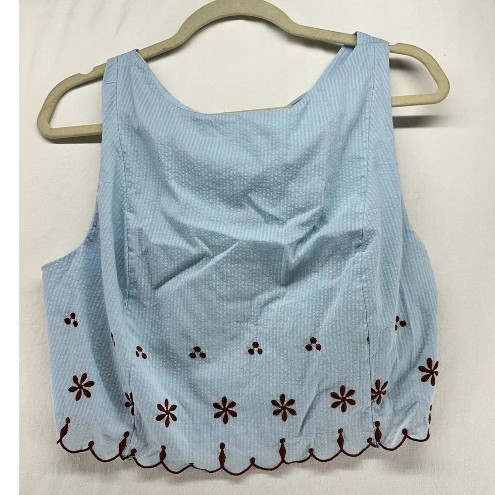 Free People Celestial Blue Seersucker Embroidered Tie Back Crop Top L - Picture 1 of 10